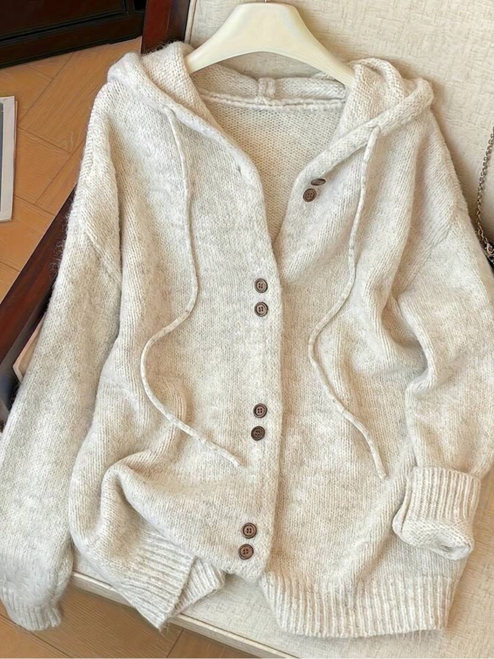 Women's Beige Hooded Cardigan - Korean Style Button-Front Knit Cover-Up, Brushed